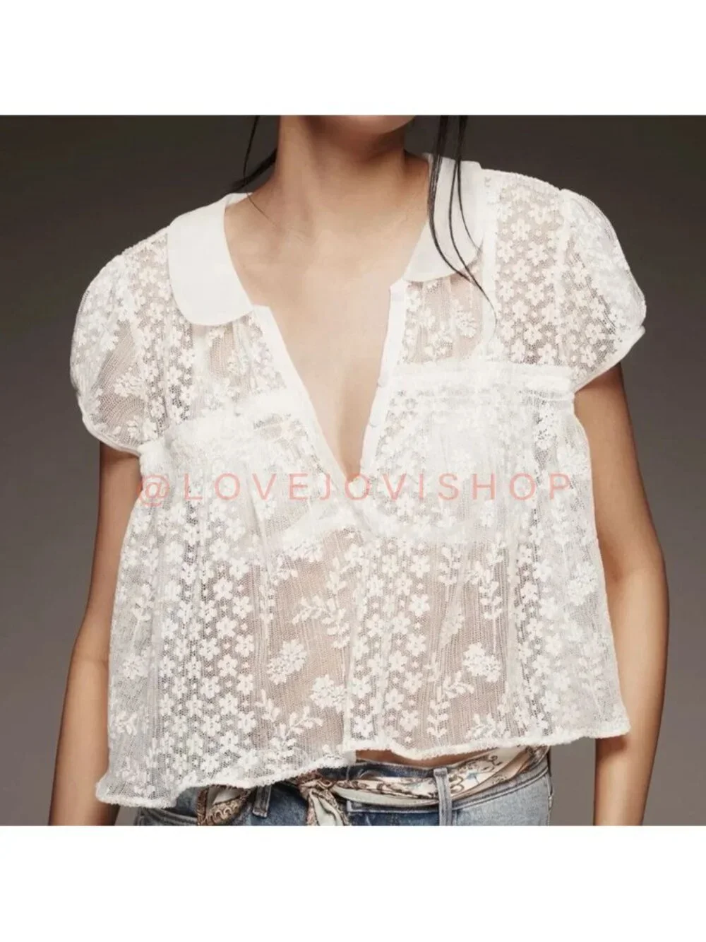 Feminine | Maeve for Anthropologie Lace Sheer Babydoll Layer Top | Collar V Neck